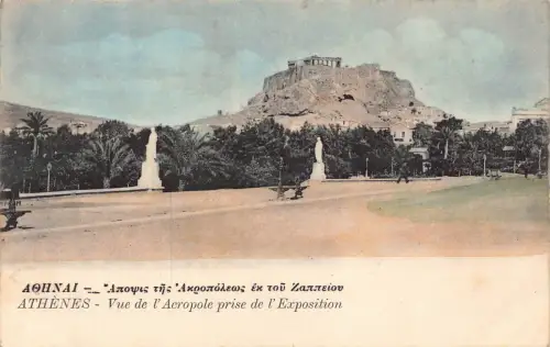 B668 Griechenland Athen Blick auf Akropolis von Ausstellung Vintage Postkarte