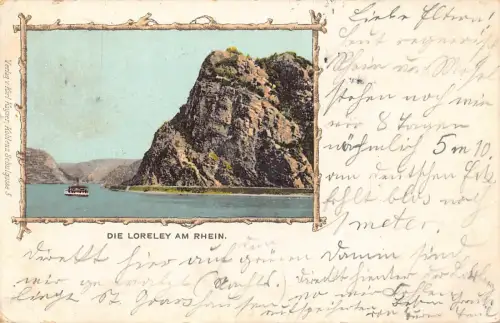 L186 Deutschland 1900 Die Loreley am Rhein Dampfschiff Klippe Litho Vintage Postkarte