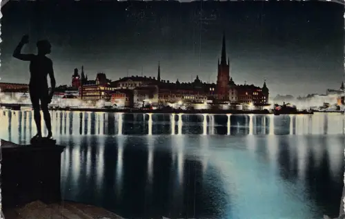 A779 Schweden Stockholm Riddarfjaerden bei Nacht Vintage Postkarte