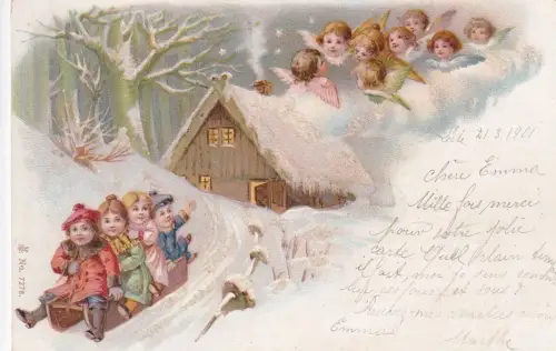 L396 Grüße 1901 Kinder Schlitten Cherubim bewachen Glitzer Vintage Postkarte