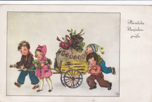 L396 Neujahrsgrüße Kinder Ziehwagen Geldsack Glück Glitzer Postkarte