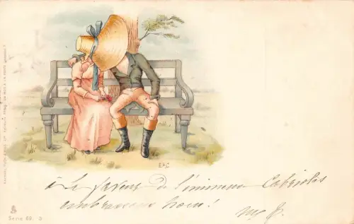 L396 Dame Riesenhut Paar küsst 1903 Litho Vintage Postkarte