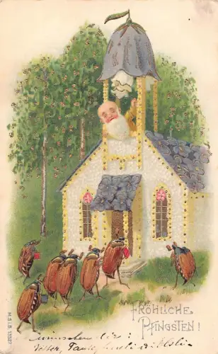 L220 Pfingstgrüße 1912 Insekten vermenschlicht Kirche Blumen Fantasie Postkarte