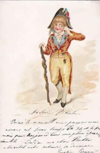 L396 Grüße 1902 Junge Napoleon Kostüm Glitzer Vintage Postkarte