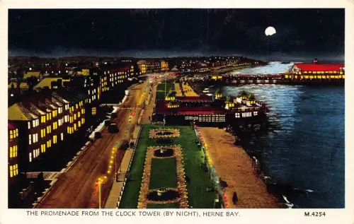 A786 England Promenade vom Uhrturm bei Nacht Herne Bay Vintage Postkarte