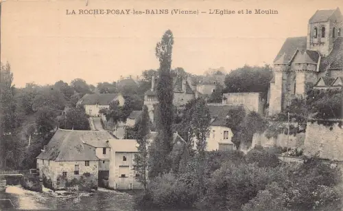 A820 Frankreich Roche Posay les Bains L'Eglise et Moulin Kirche Vintage Postkarte