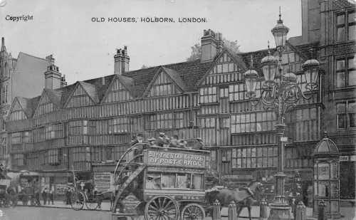 A785 England London Old Houses Holborn Doppeldecker Kutsche Vintage Postkarte