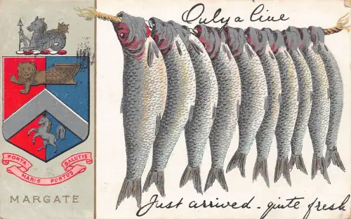 A785 England 1907 Margate Wappen Fisch hängend am Faden Vintage Postkarte
