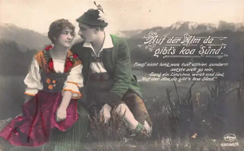 Auf der Alm da gibt's koa Suend Paar Tracht Schwarzwald Postkarte
