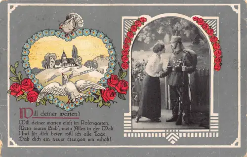Romantik 1917 Rosen Vergissmeinnicht Blumen Taube Paar Soldat 1. Weltkrieg Feld Postkarte