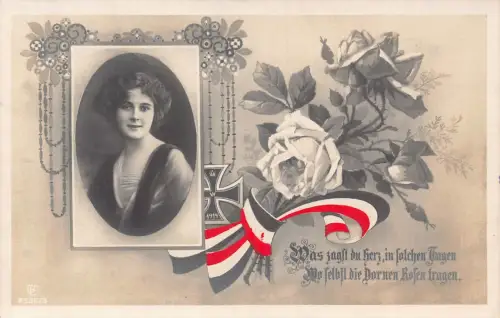 Patriotisch 1916 Rosenstrauß Frau Portrait Eisernes Kreuz Medaille 1. Weltkrieg Feldpostkarte