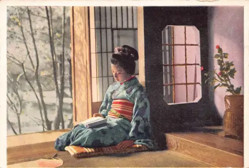 L276 Japan Geisha Lesen Blau Kimono Blumenvase Vintage Postkarte