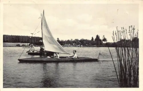A099 Deutschland 1951 Strandbad Luftkurort Freilingen Segeln Kanu See Postkarte