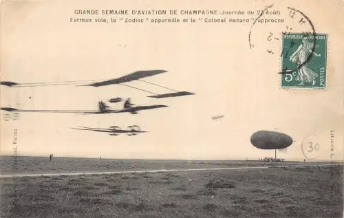 L027 Frankreich 1910 Fliegerwoche Champagner Zeppelin Doppeldecker Vintage Postkarte