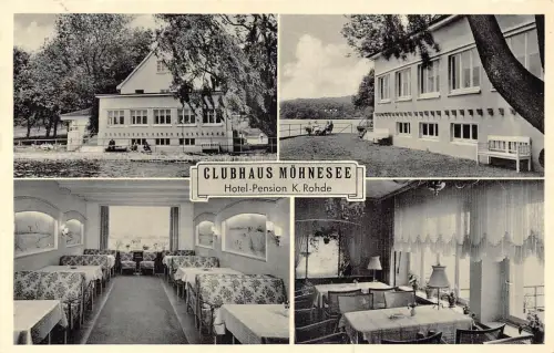 A099 Deutschland Clubhaus Möhnesee Hotel Pension K Rohde Tische Stühle Postkarte