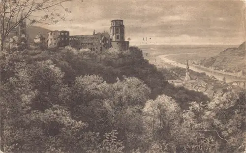 L016 Deutschland 1927 Heidelberg von der Terrasse gesehen Schloss Vintage Postkarte