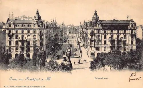 L015 Deutschland Gruss aus Frankfurt Kaiserstraße Straßenbahn Vintage Postkarte