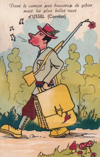 B054 Neuheit Frankreich Ussel Jäger singendes Brummgewehr ausziehen Postkarte