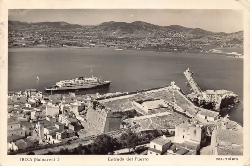 B067 Spanien Ibiza Baleares Entrada del Puerto Schiff RPPC Vintage Postkarte
