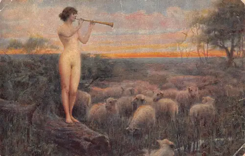 B060 Fantasy Akt Nymphe spielt Trompete zu Schafen Kunst von C Büchel Postkarte