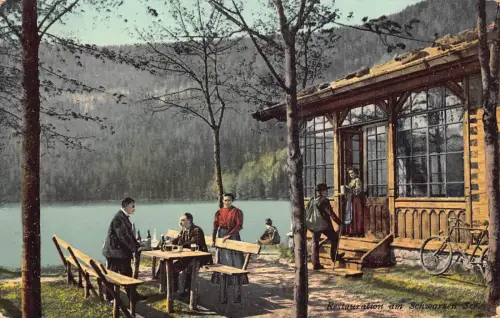 B059 Österreich 1911 Restauration am Schwarzer See Fahrrad Restaurant Postkarte