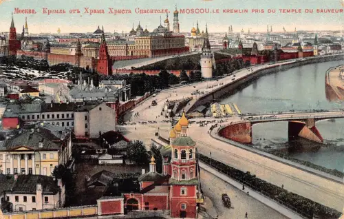 B059 Russland Moskau 1910 Kreml Ansicht und Erlöser Tempel Vintage Postkarte