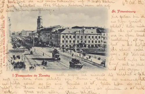 B059 Russland St Petersburg Perspektive de Newski Lampenladen Straßenbahn 1901 Postkarte