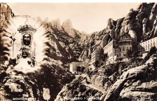 B067 Spanien Kloster Montserrat und Klippen RPPC Vintage Postkarte