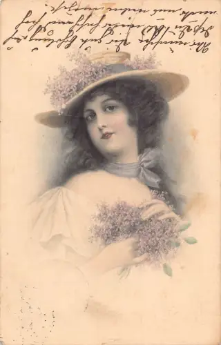 B060 Kunst von MM Vienne 1914 Glamour Frau mit fliederfarbenen Blumen Vintage Postkarte