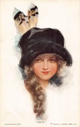 B062 Glamour 1913 Mädchen mit schwarzem Hut mit Federn Kunst Harrison Fisher Postkarte