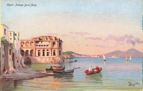 A018 Italien Neapel Napoli Palazzo Donn'Anna Palace Boote Gemälde signierte Postkarte