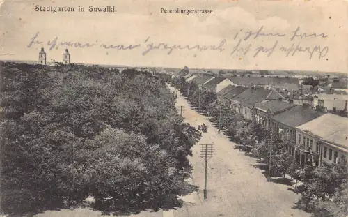 B059 Polen 1915 Stadtgarten in der Suwalki Petersburgerstraße 1915 Feldpostkarte