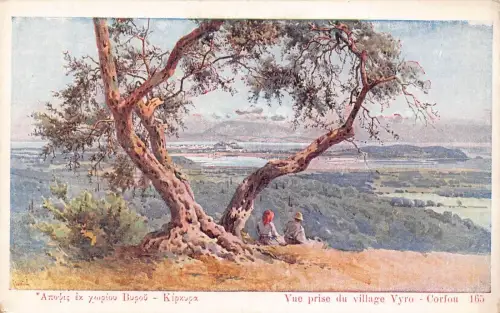 A025 Griechenland Blick auf Vyro Dorf Corfou Paar unter Baum Gemälde Postkarte