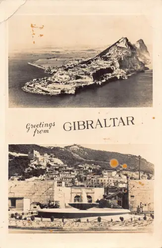 B201 Grüße von Gibraltar Coast View and Fountain RPPC Postkarte