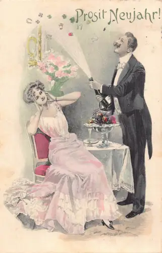 B062 Neujahr 1906 Mann knallt Champagner Hufeisen Kleeblatt Frau Früchte Postkarte