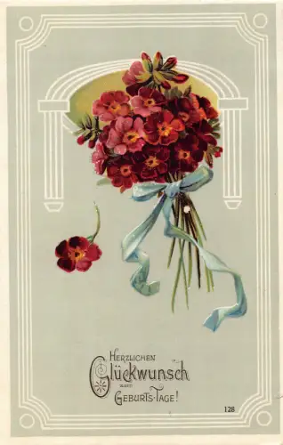 B194 Geburtstagsgrüße 1908 Blumenstrauß gebunden mit Band Postkarte