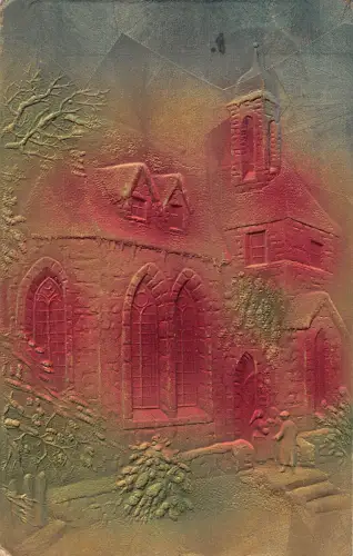 B191 Neujahrsgrüße 1910 Bunter Hintergrund Kirche Prägepostkarte