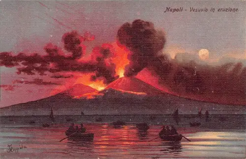 A015 Italien Neapel Vesuv in Eruzione Vulkanausbruch Feuerwehr Boot Postkarte