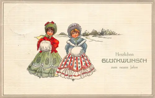 B190 Neujahrsgrüße 1912 Mädchen in Winterkleidung Prägepostkarte