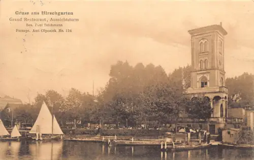 B189 Deutschland 1909 Gruss aus Hirschgarten Großes Restaurant Boot Postkarte