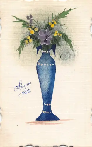 Grüße handbemalte Veilchen Blume in blauer Vase Vintage Postkarte