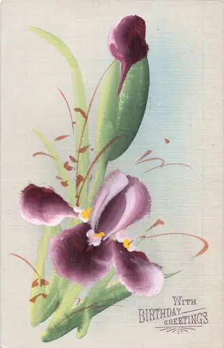 Geburtstagsgrüße handbemalt violette Blumen Vintage Postkarte