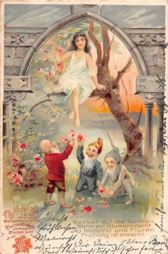 L115 Grüße 1905 Frühlingsblumen Zwerge Mädchen Fantasie Postkarte