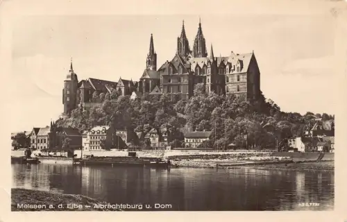 B197 Deutschland Meißen und Elbe Albrechtsburg u Dom RPPC Vintage Postkarte