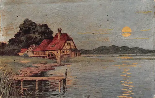 B189 Landschaft Natur Wassermühle See Mondschein Kunst Vintage Postkarte