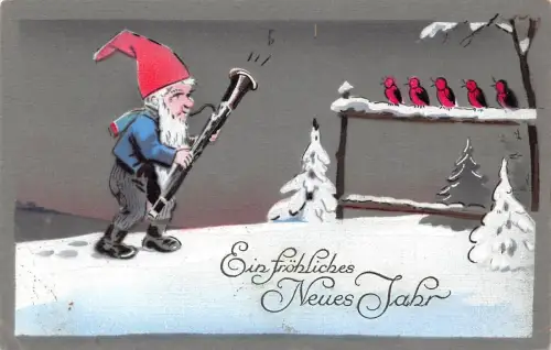 L363 Weihnachtsgrüße 1928 Zwerg spielt Klarinetten zu Vögeln Vintage Postkarte