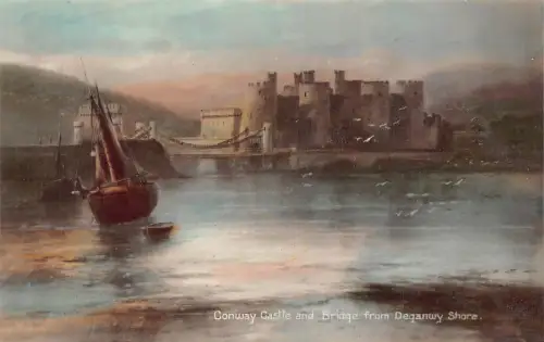 A791 Wales Conway Castle and Bridge from Deganwy Shore Boat Art Vintage Postkarte