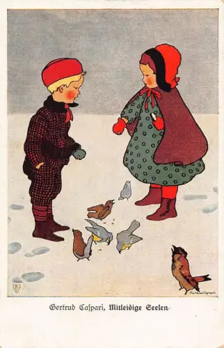L115 Deutschland Kinder mitfühlende Seelen Vögel signiert Gertrud Gaspari Postkarte