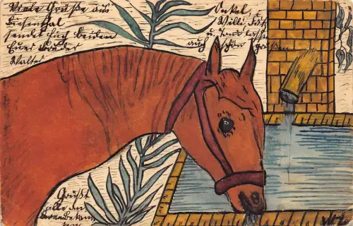 B190 Handmalerei Kunst 1906 Pferd Trinkwasser aus Brunnen Vintage Postkarte