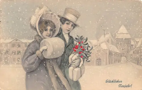 B190 Neujahrsgrüße 1909 Paar Geschenke Heiliger Baum Schneesturm Postkarte